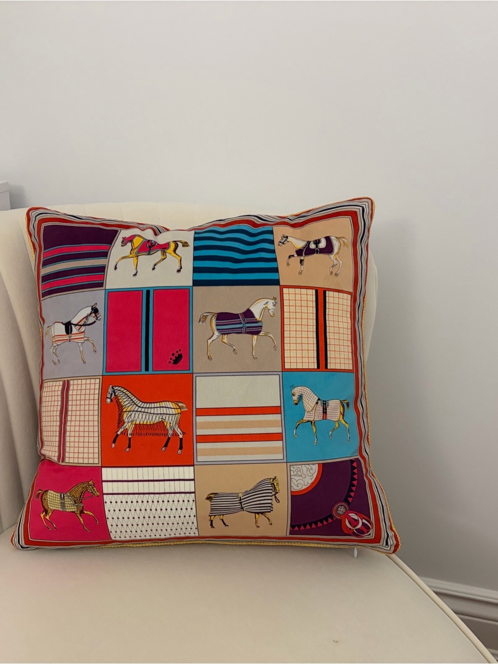 HERMES STYLE Decorative Horse Patchwork Throw Pillow / Cushion in Multicolor